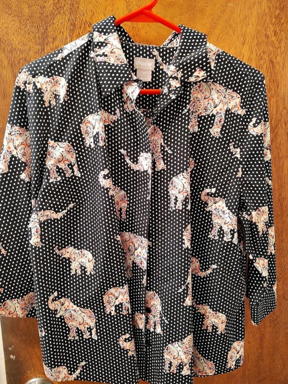 Chico's Polka Dot Elephant Print Blouse in Black & Pink Size 2P